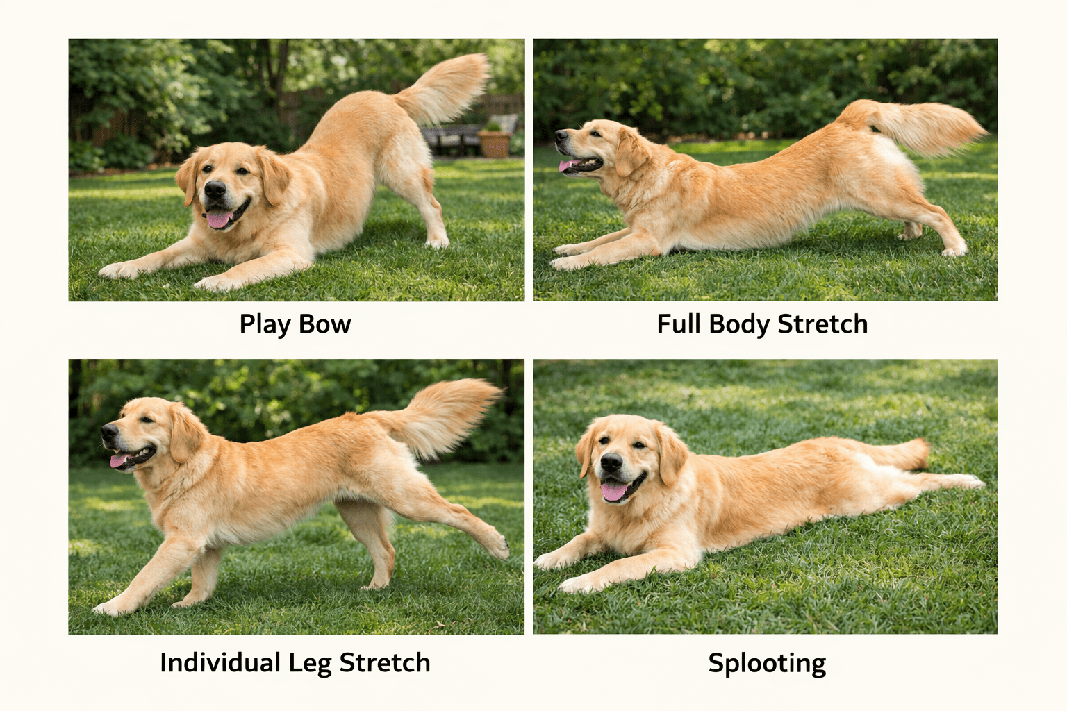 Why Do Dogs Stretch? Understanding Your Dog's Body Language 1 Four photos of a golden retriever in different stretching poses on grass: play bow, full body stretch, individual leg stretch, and splooting, each labeled with the pose name.