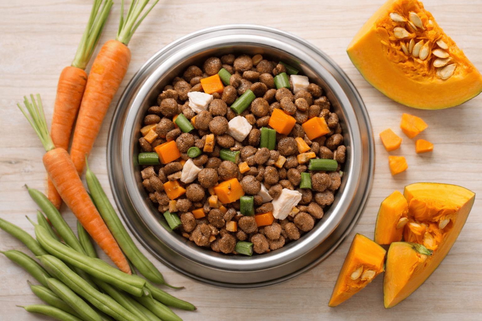 Why Do Dogs Eat Grass? 2 A bowl of dry dog food mixed with diced carrots, green beans, and pumpkin, surrounded by fresh carrots, green beans, and pumpkin pieces on a wooden surface.