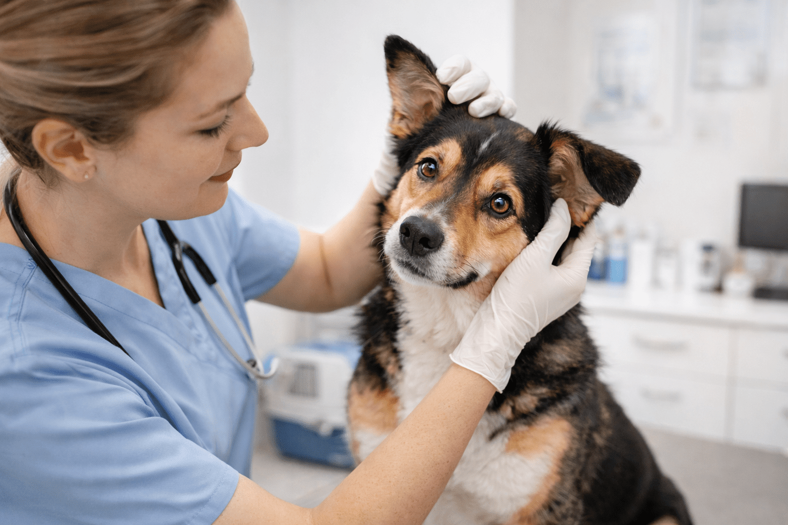 Why Do Dogs Tilt Their Heads: Understanding This Adorable Behavior 4 A veterinarian in blue scrubs and gloves gently examines a calm, alert dog’s ears in a clinical exam room. The dog has black and brown fur and is sitting on an exam table.