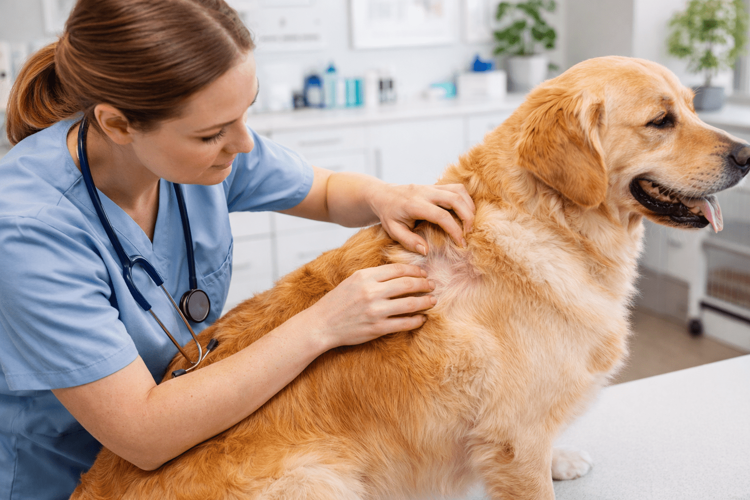 Why Do Dogs Roll in the Grass? Understanding Your Dog's Natural Behavior 3 A veterinarian in blue scrubs examines a patch of irritated skin on the back of a golden retriever in an exam room. The dog is sitting calmly on a table with its tongue out.