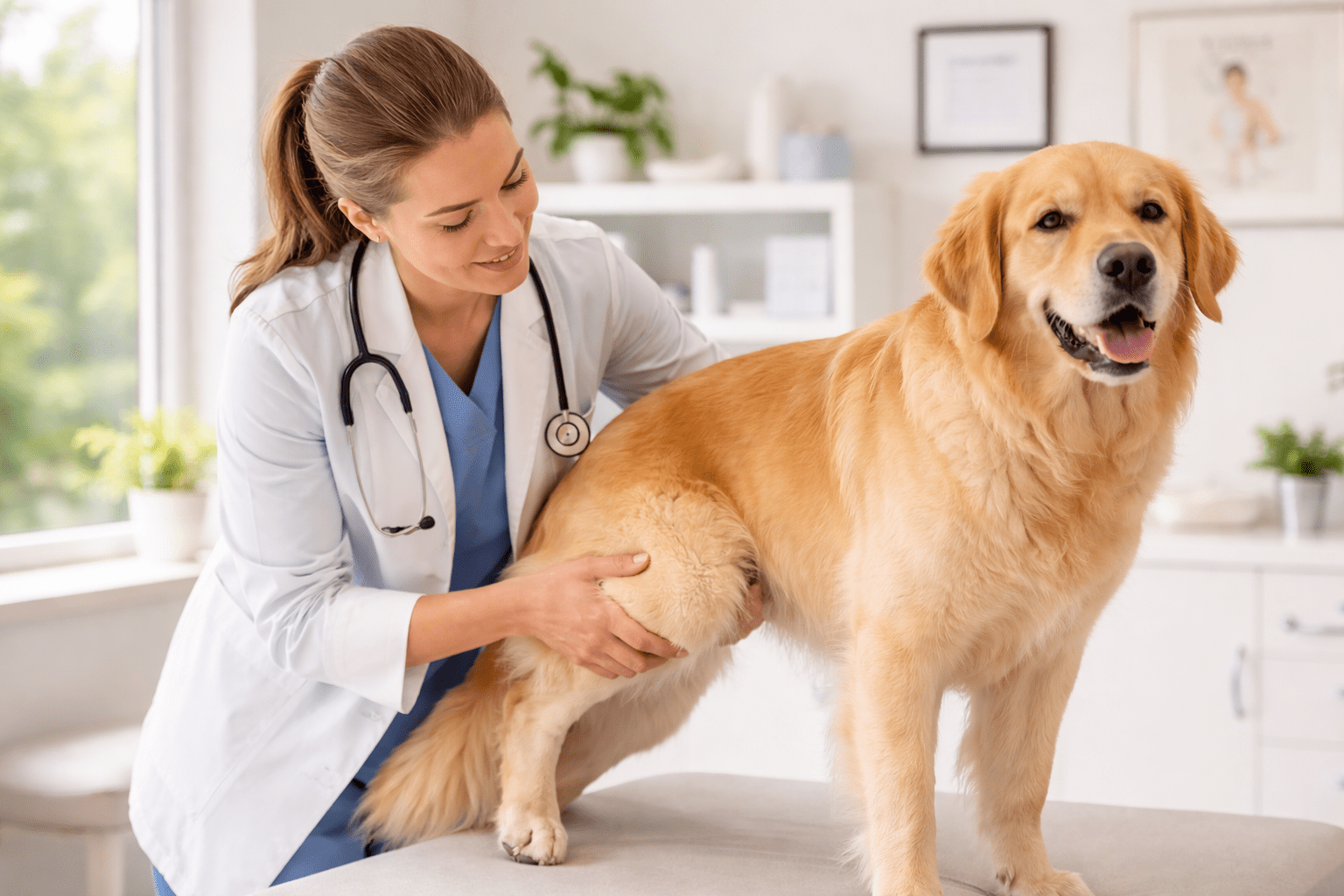 Why Do Dogs Stretch? Understanding Your Dog's Body Language 3 A veterinarian in a white coat examines a happy golden retriever’s hind leg on an exam table in a bright, modern veterinary clinic.