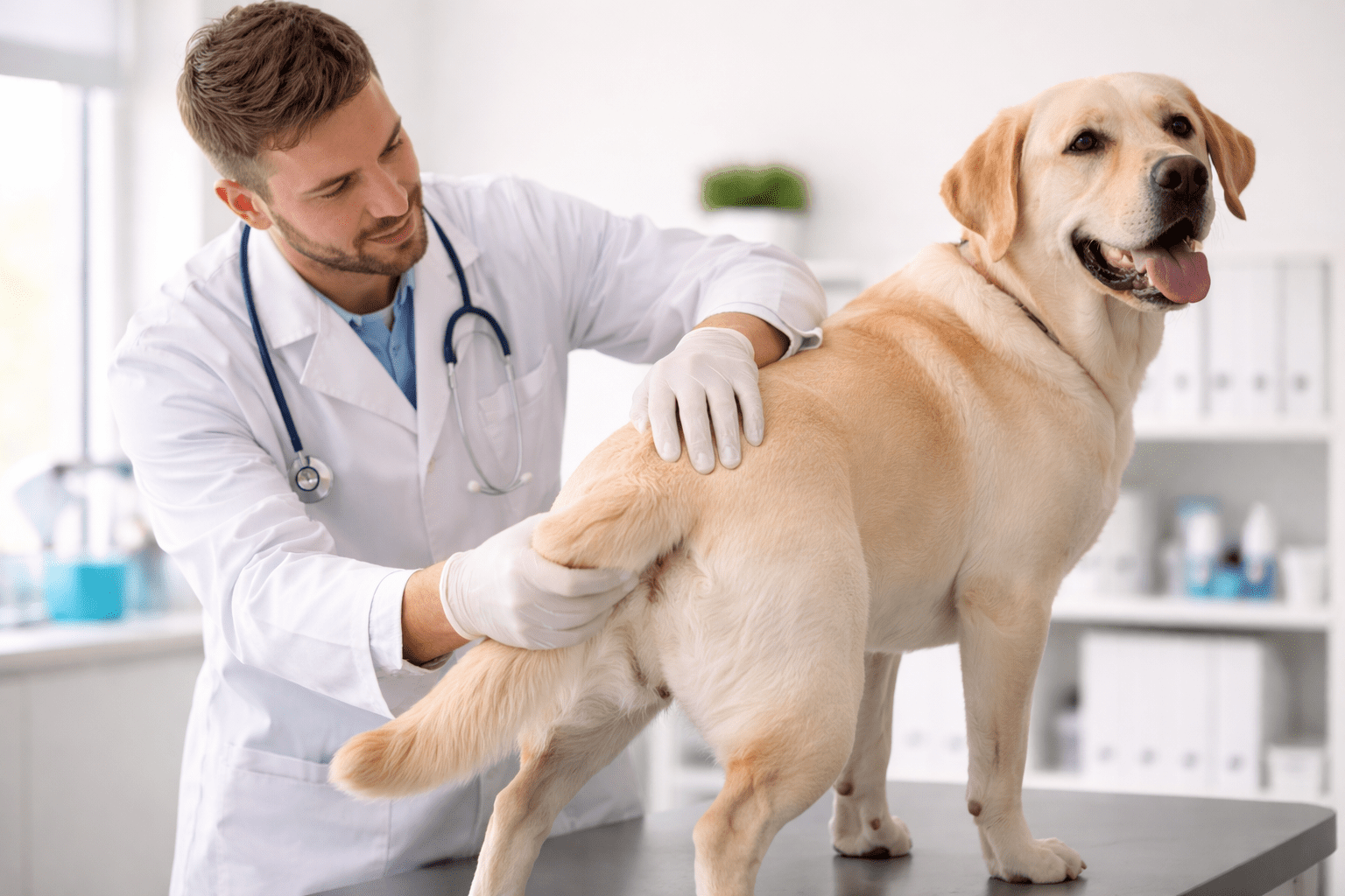 Why Do Dogs Chase Their Tails? Understanding This Common Canine Behavior 2 A male veterinarian in a white coat and gloves examines the hind leg of a happy yellow Labrador retriever standing on an exam table in a bright veterinary clinic.