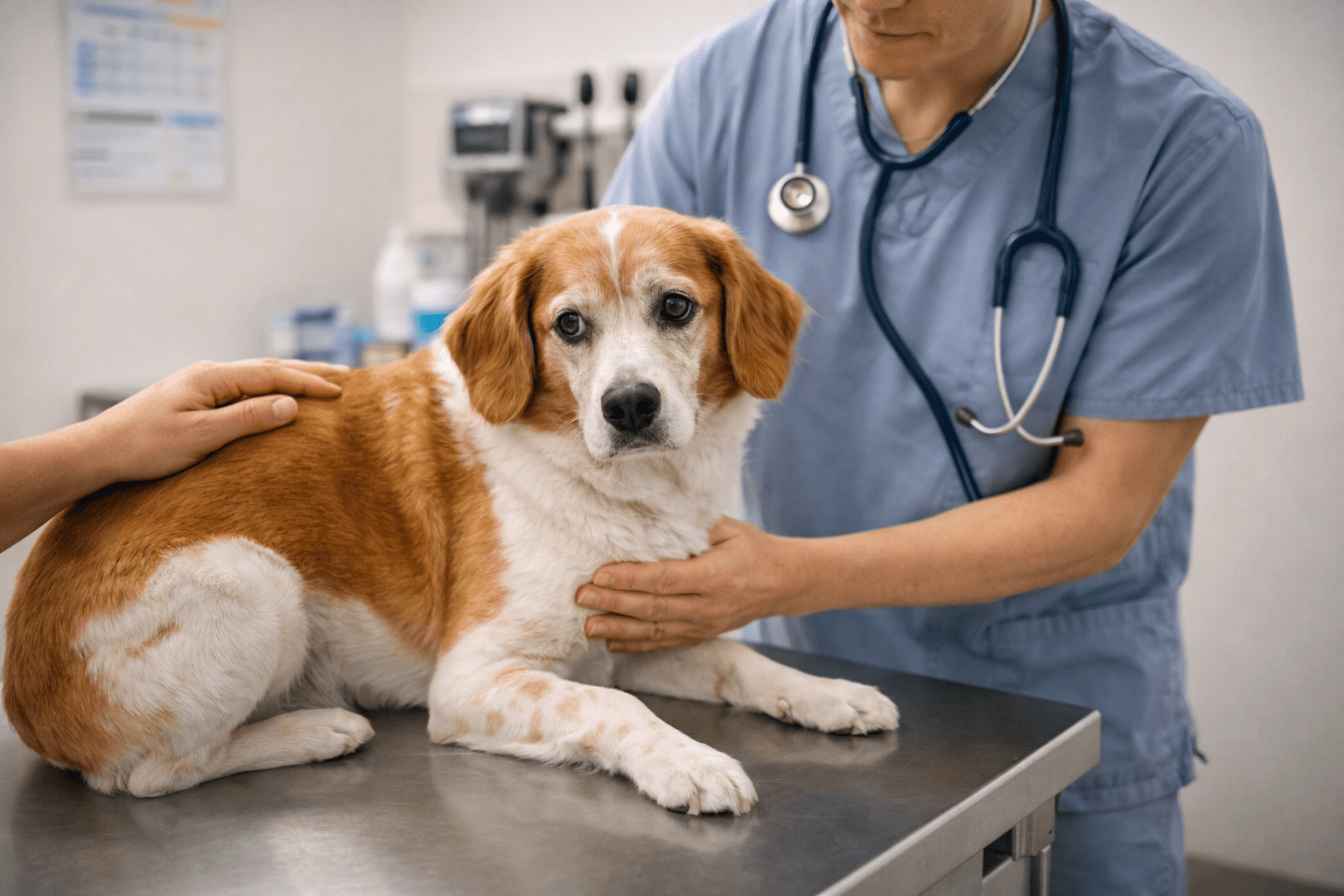 Why Is My Dog Whining? Understanding and Addressing This Common Behavior 5 A veterinarian in blue scrubs examines a concerned-looking brown and white dog lying on an exam table, while another person comforts the dog by gently touching its back.