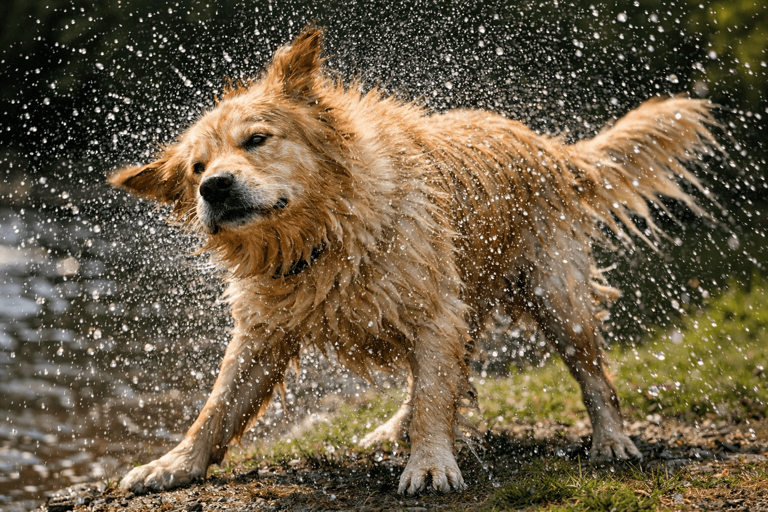 why do dogs shake. A wet, golden-brown dog shakes off water by a lakeshore, creating a spray of droplets around it. The background is blurred, emphasizing the motion and energy of the shaking dog.