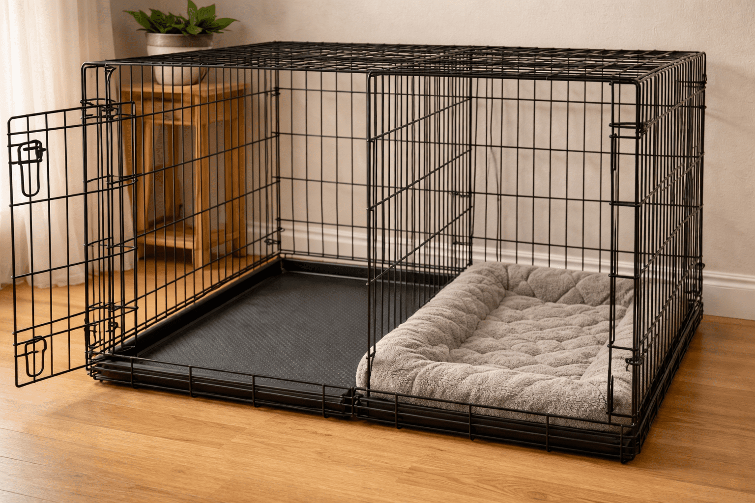 How to Crate Train a Rescue Dog 2 A large black wire dog crate with an open door, containing a gray cushioned dog bed inside, sits on a wooden floor next to a small table with a potted plant.