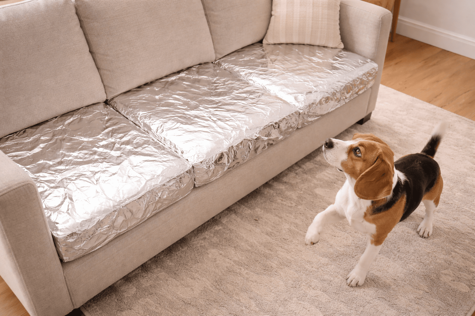How Do You Keep Your Dog Off the Couch 2 Aluminum foil covering couch cushions as physical deterrent for dog training