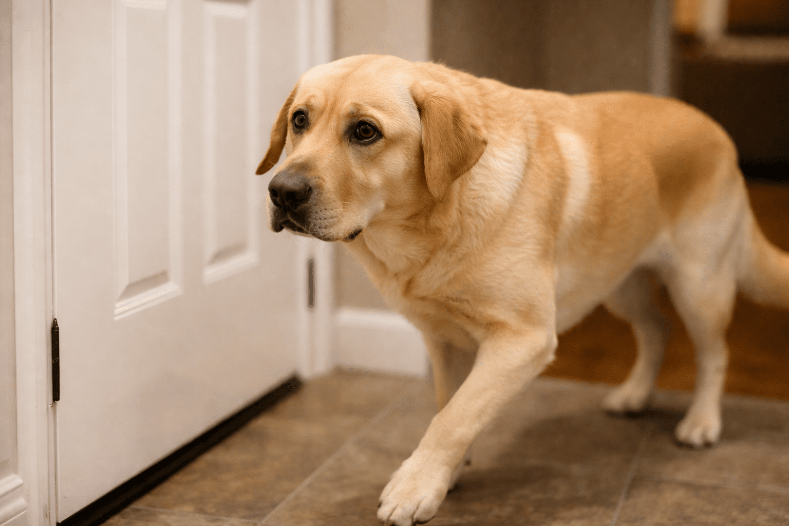 Why Is My Dog Pacing and How to Help Them Settle 1 Labrador Retriever showing anxious pacing behavior near front door with worried expression and lowered tail