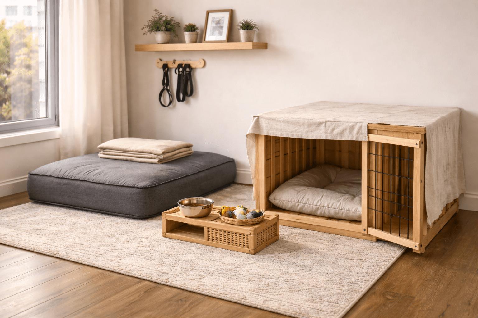15 Best Dog Breeds for Apartments:Top Picks for Small Spaces 4 A cozy pet corner for the best dog breeds for apartments, featuring a large cushion bed, a wooden crate with soft bedding and draped cloth, a rug with pet bowls and toys, plus a wall shelf for plants, photos, and leashes above.