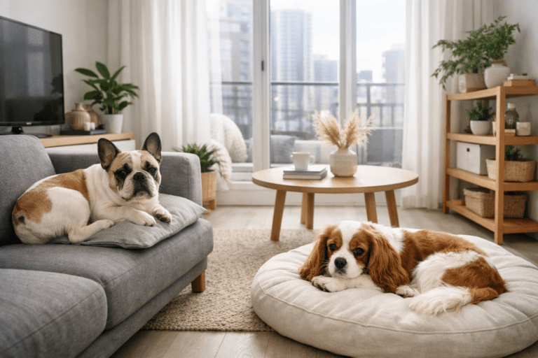 Two dogs relax in a cozy living room: a French Bulldog lies on a gray couch while a Cavalier King Charles Spaniel rests on a round dog bed. Large windows and houseplants add light and greenery to the room.