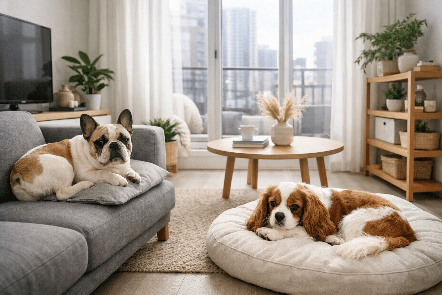 Two dogs relax in a cozy living room: a French Bulldog lies on a gray couch while a Cavalier King Charles Spaniel rests on a round dog bed. Large windows and houseplants add light and greenery to the room.