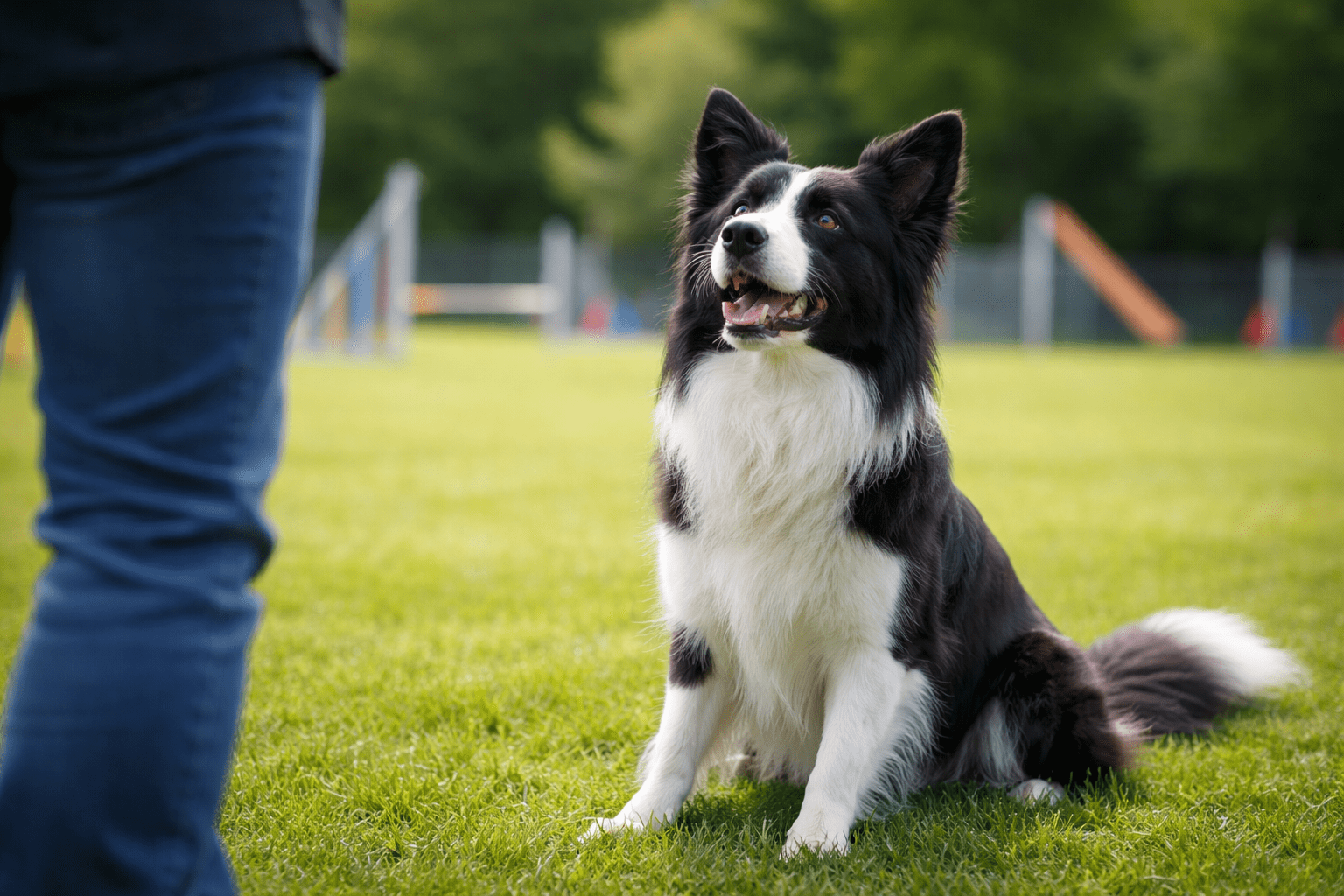 10 Most Trainable Dog Breeds That Learn Fast 1 A black and white Border Collie sits attentively on green grass, looking up at a person standing nearby, with blurred agility equipment and trees in the background.
