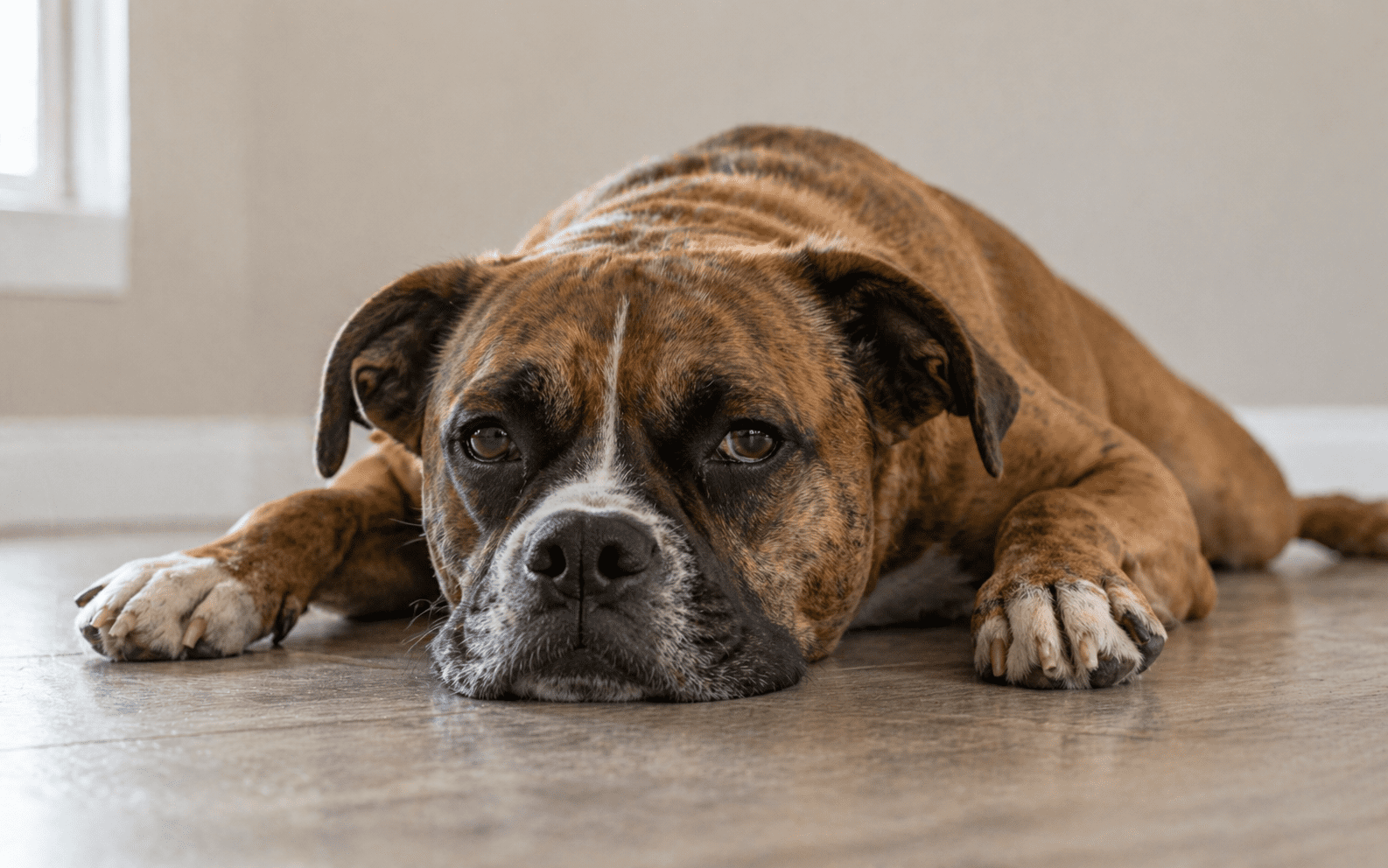 Why Do Dogs Sigh? What Your Dog Is Really Trying to Tell You 3 bored dog lying on floor staring blankly sighing from lack of stimulation