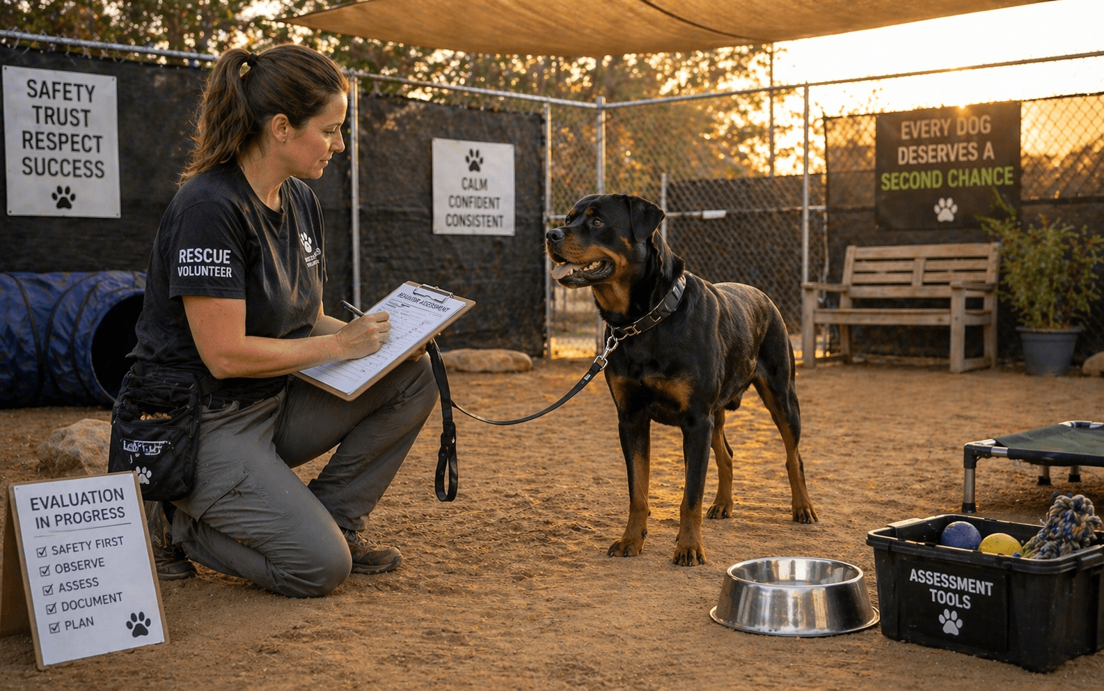 How to Rehome an Aggressive Dog: A Complete Guide 5 Breed rescue volunteer safely assessing dog with behavioral challenges for rehoming placement