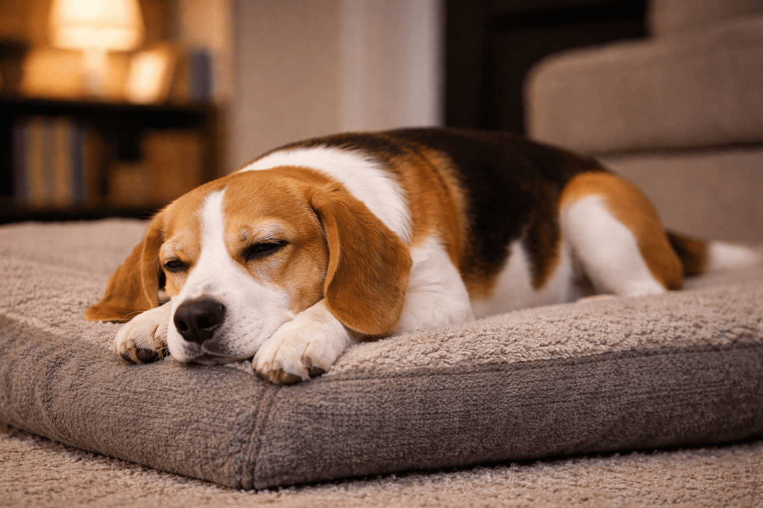 Why Is My Dog Pacing and How to Help Them Settle 5 Relaxed Beagle resting comfortably on dog bed showing calm behavior without pacing or anxiety