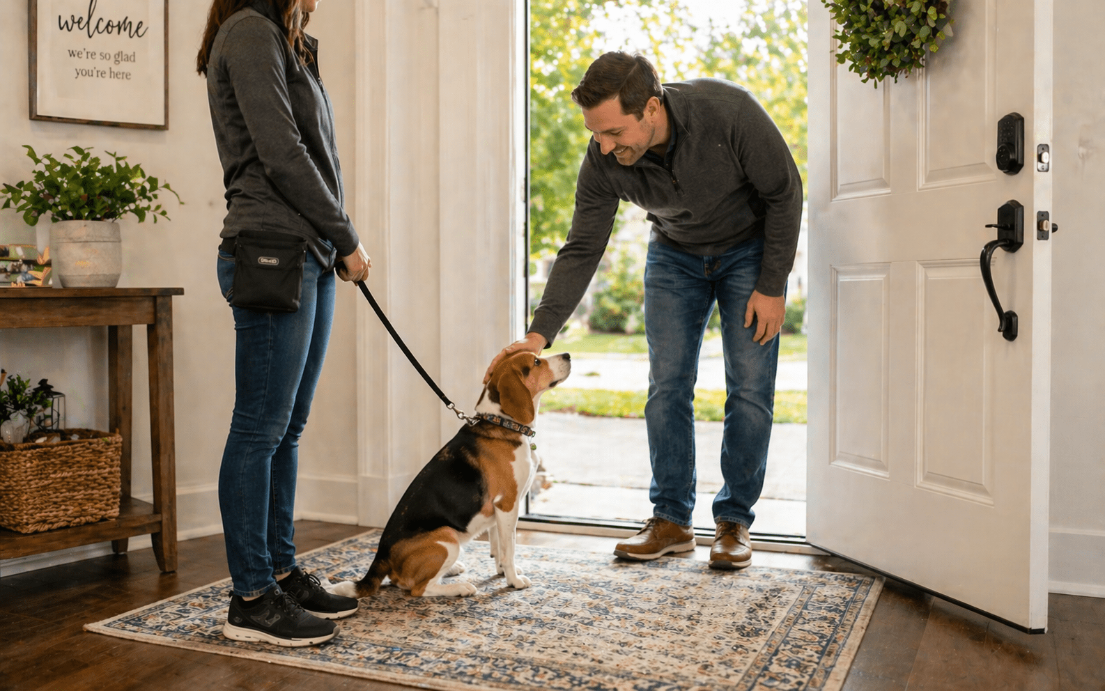 How to Train a Dog Not to Jump: A Complete Guide 3 Well-trained Beagle sitting calmly while greeting visitor at front door