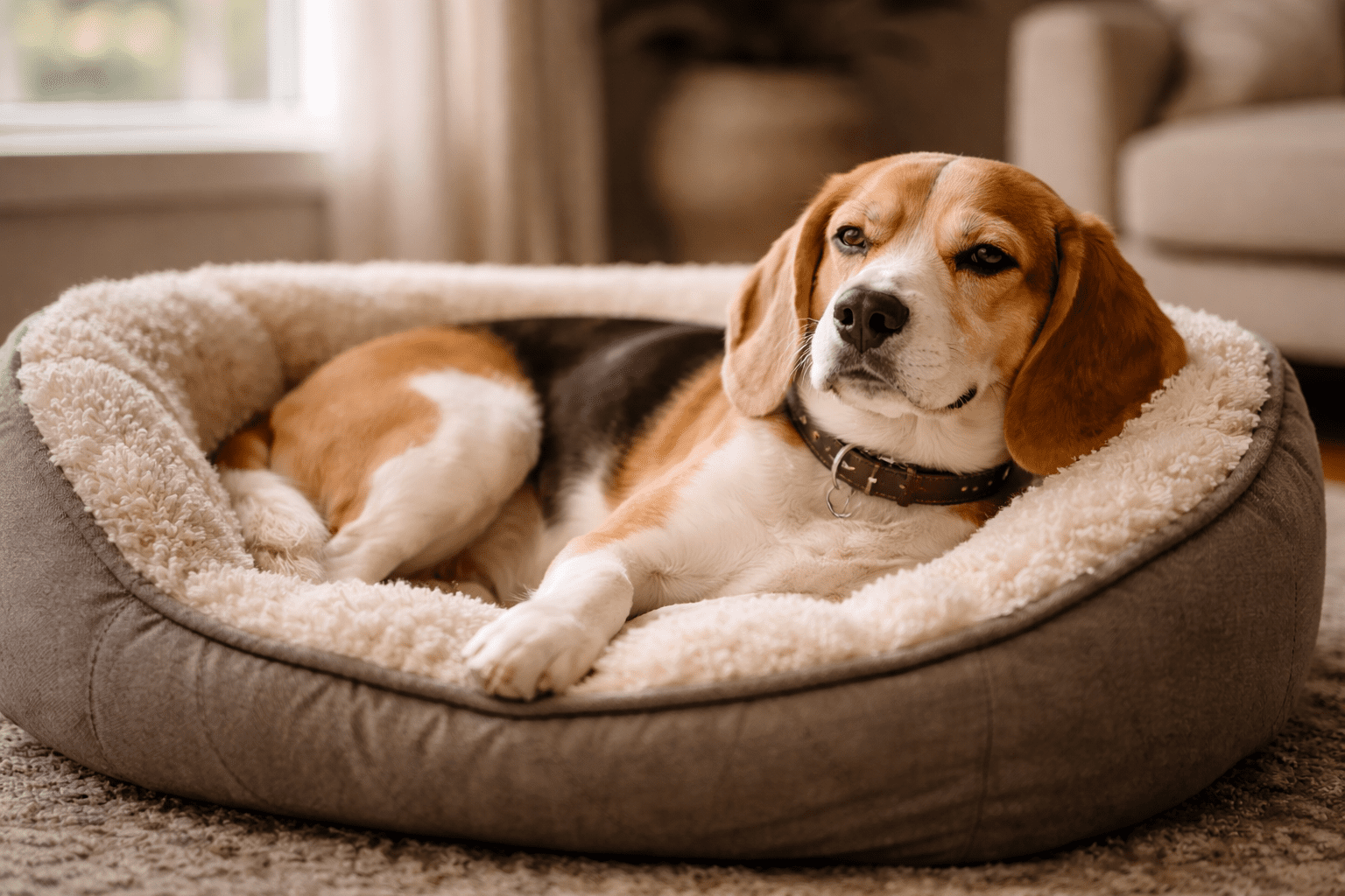 What Is Displacement Behavior in Dogs? Understanding Canine Stress Signals 5 A relaxed beagle dog lies comfortably in a cozy, plush dog bed in a softly lit living room, looking content and calm.