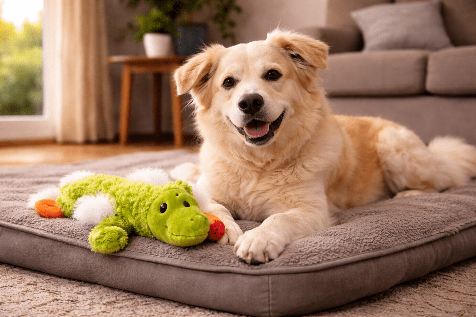 Why Do Dogs Like Squeaky Toys? (The Science Behind the Obsession) 6 A happy, light-colored dog lies on a gray dog bed indoors, next to a green stuffed alligator toy. The background shows a couch, pillows, and a plant.