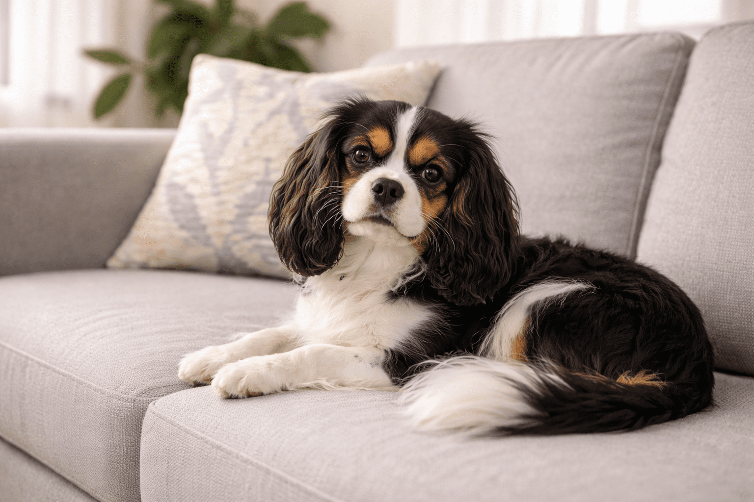 Best Dogs for First Time Owners: Complete Breed Guide 5 A Cavalier King Charles Spaniel with black, white, and brown fur lies on a light gray sofa, looking toward the camera. There is a patterned pillow and a green plant in the background.