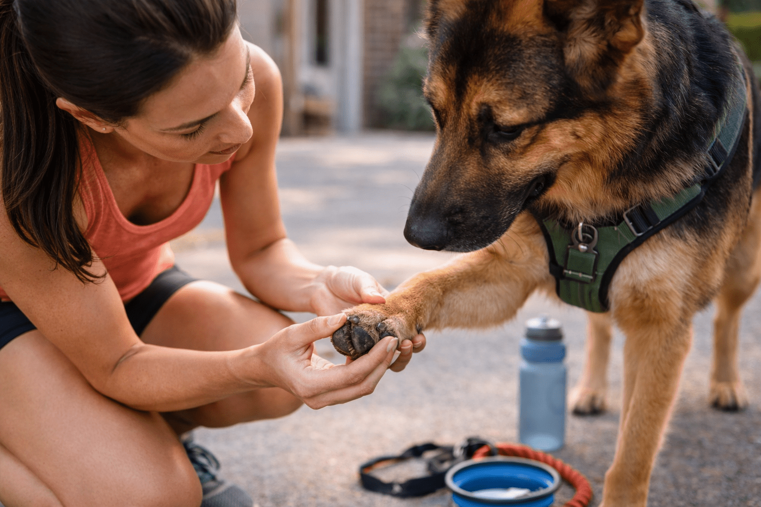 How to Train Your Dog to Run with You 6 A woman kneels and gently examines the paw of a German Shepherd dog wearing a harness. Nearby are a water bottle, bowl, and leash, suggesting they are outdoors after an activity.
