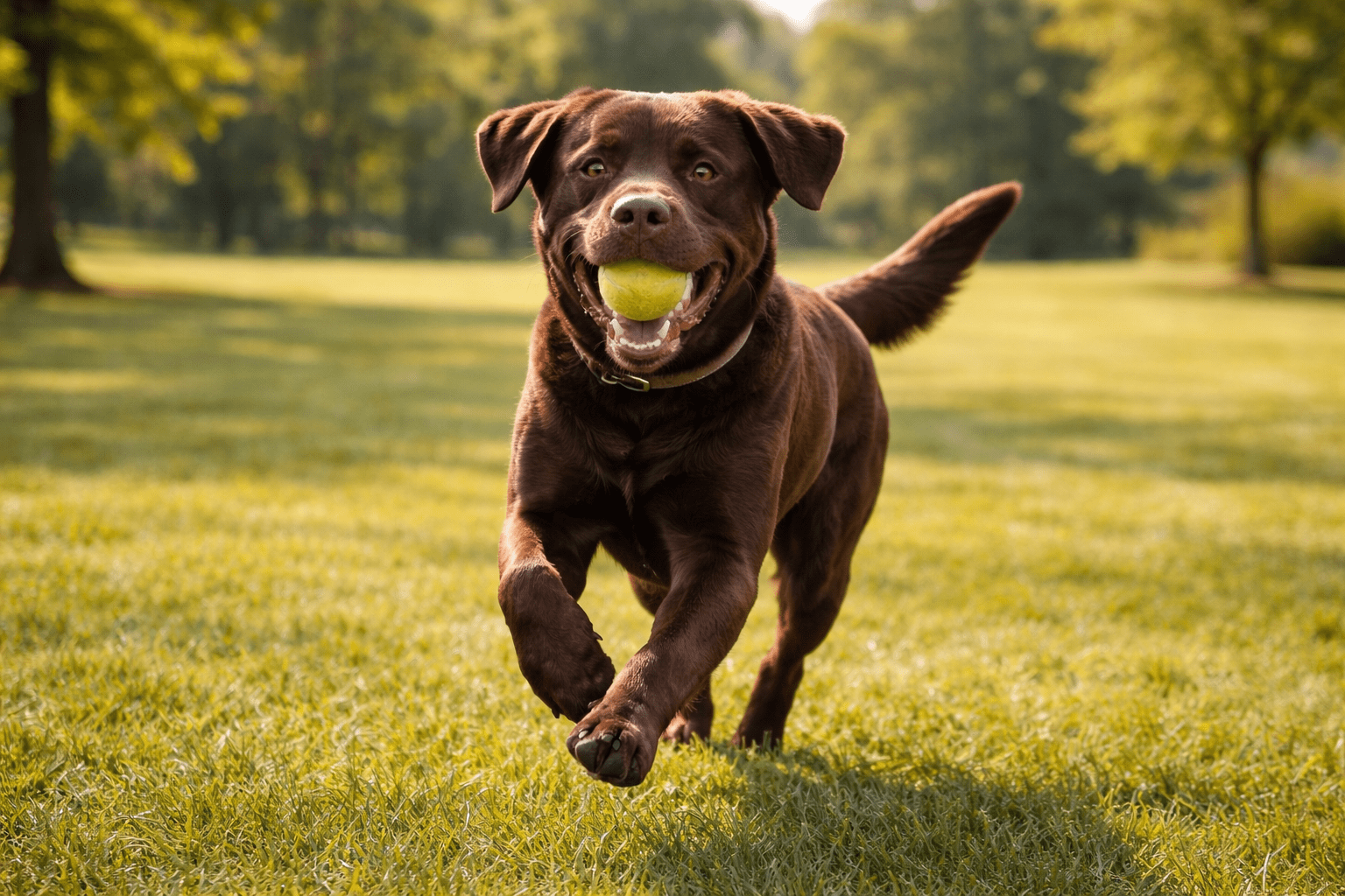 Best Dogs for First Time Owners: Complete Breed Guide 4 A happy chocolate Labrador retriever runs on grass with a yellow tennis ball in its mouth, surrounded by green trees and sunlight in a park.
