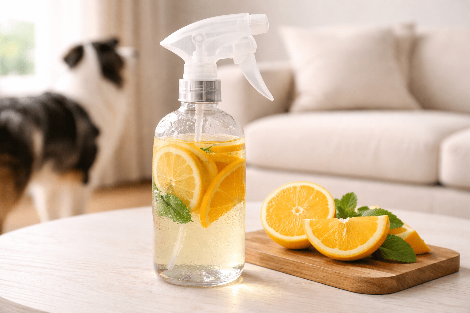 How Do You Keep Your Dog Off the Couch 4 Citrus essential oil spray bottle used as natural scent deterrent for dogs