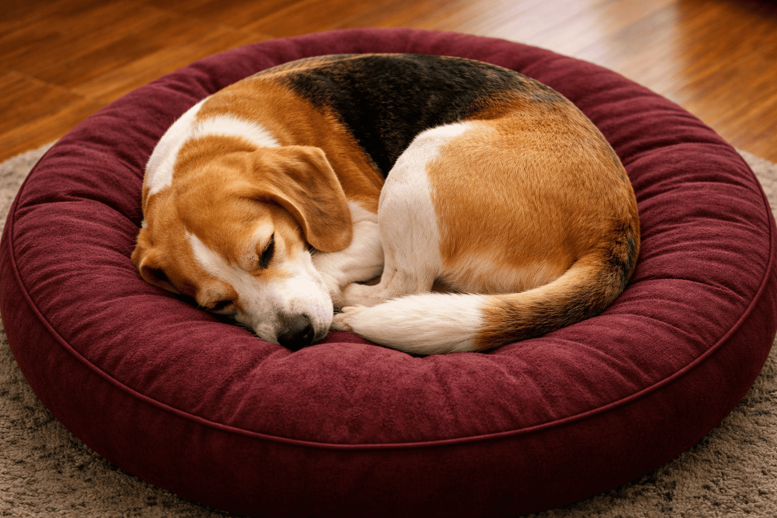Why Do Dogs Circle Before Lying Down? 3 A beagle dog is curled up and sleeping on a round, plush maroon pet bed placed on a carpeted floor with wooden flooring visible in the background.