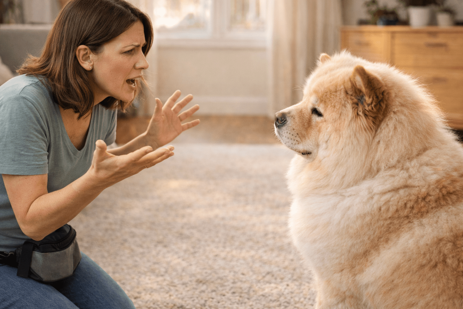 How to Train a Stubborn Dog 5 A woman with brown hair gestures and speaks to a fluffy Chow Chow dog sitting calmly on a carpet in a bright living room.