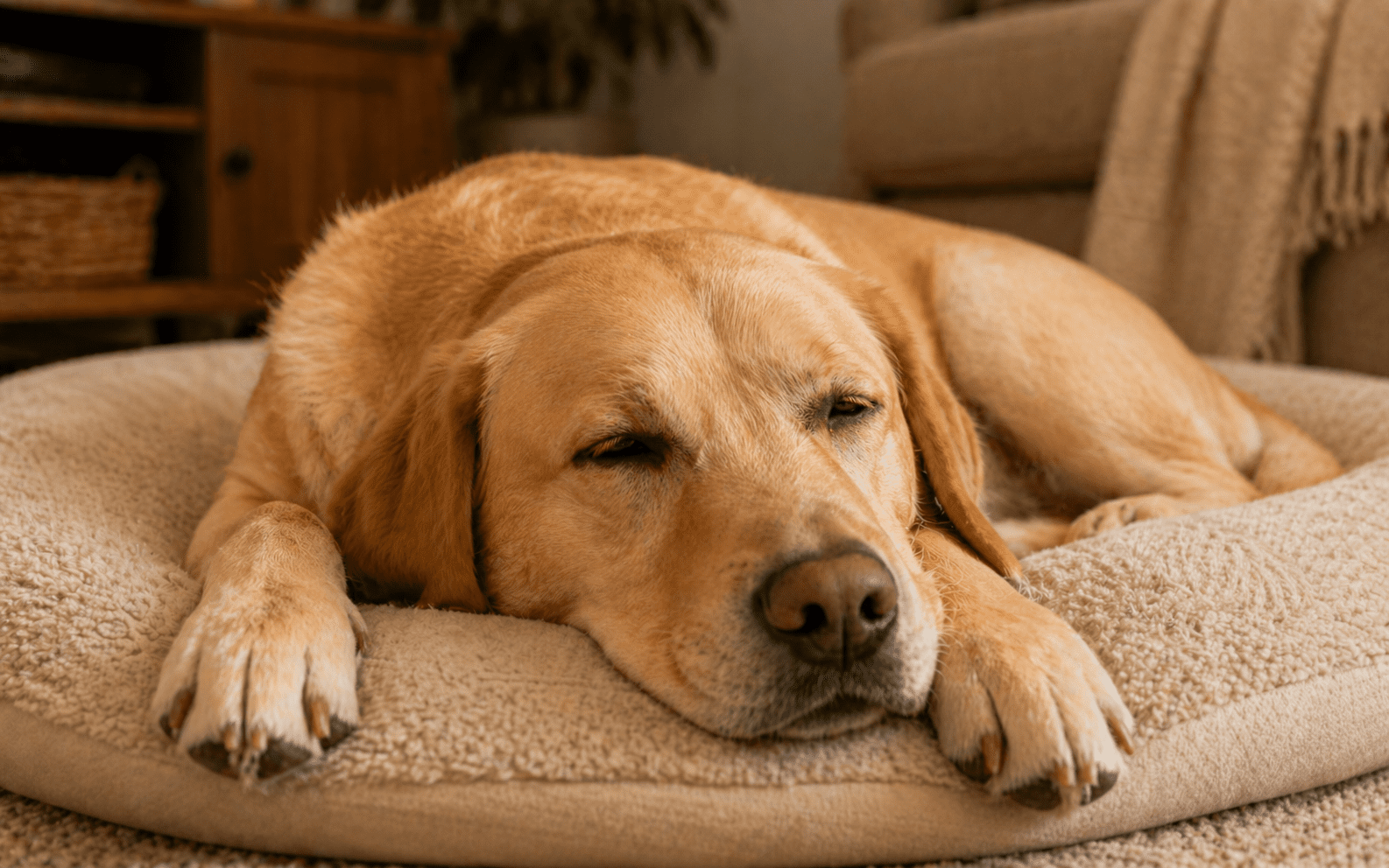 Why Do Dogs Sigh? What Your Dog Is Really Trying to Tell You 1 dog sighing with half-closed relaxed eyes lying on dog bed