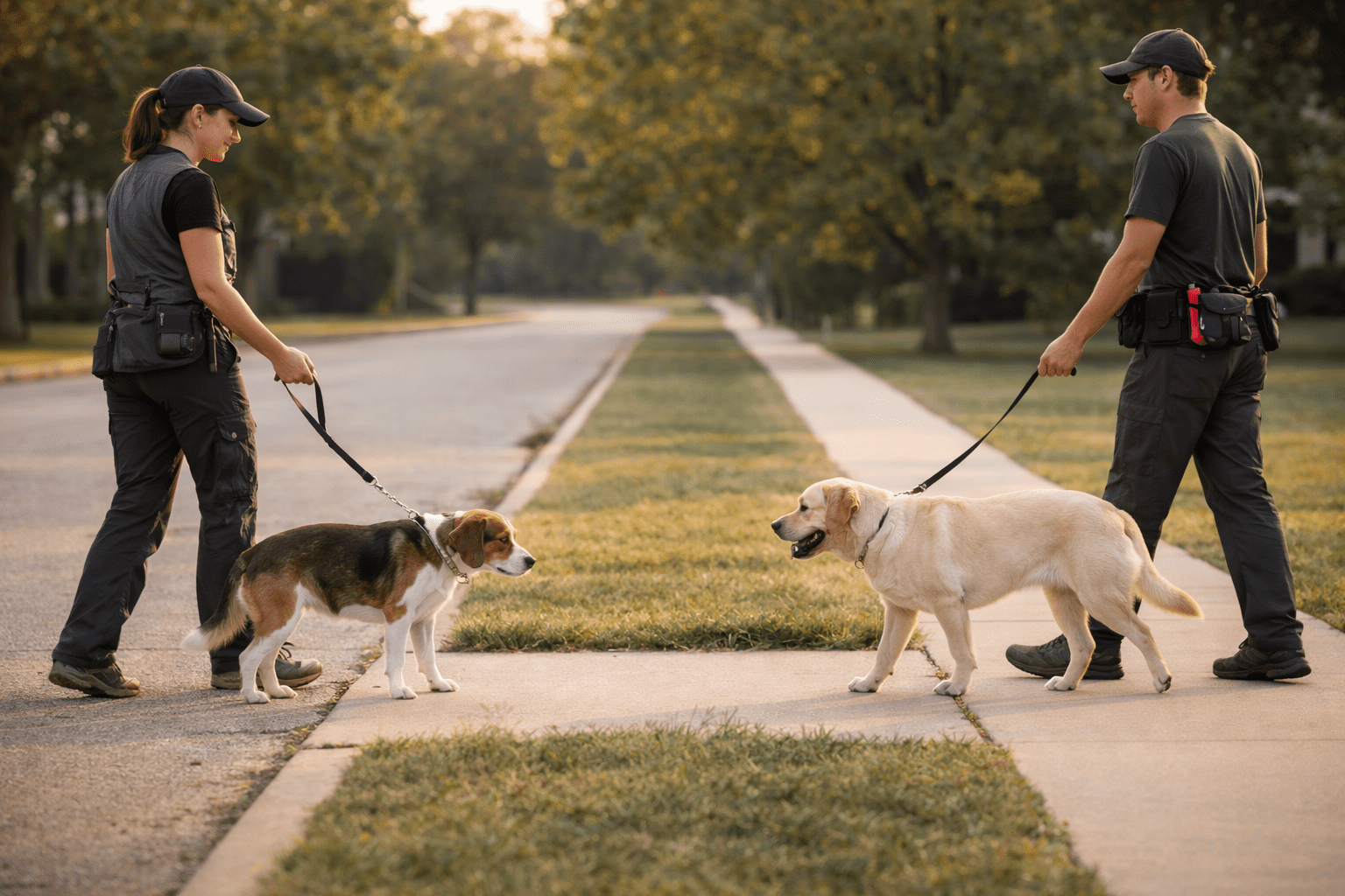 How to Socialize a Fearful Dog 4 Two people in uniforms walk dogs on leashes toward each other on a quiet, tree-lined suburban street. The dogs are facing one another, while the handlers appear attentive and prepared.