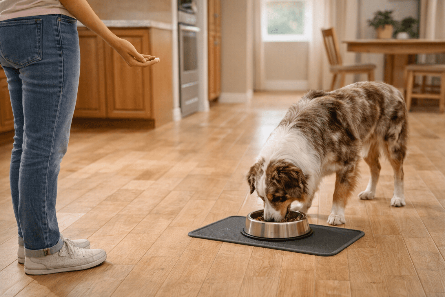 How to Stop Resource Guarding in Dogs 4 A person stands on a wooden floor next to a mat while a brown and white dog eats from a metal bowl in a bright, tidy kitchen.