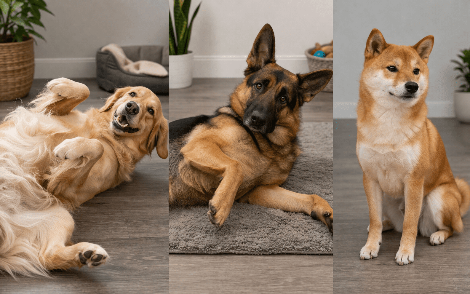 Why Do Dogs Like Belly Rubs? Understanding Your Dog's Favorite Gesture 6 A collage of three dogs: a Golden Retriever lying on its back, a German Shepherd lying on a gray rug, and a Shiba Inu sitting upright, all indoors with plants and pet beds in the background.