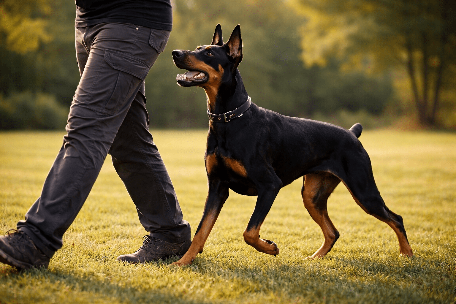 10 Most Trainable Dog Breeds That Learn Fast 4 A Doberman dog walking attentively beside a person in outdoor clothing on a grassy field, with trees in the background and warm sunlight illuminating the scene.