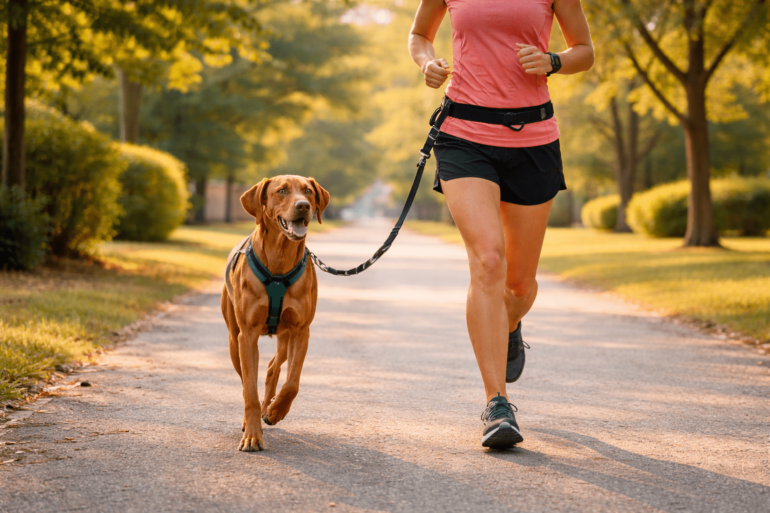 How to Train Your Dog to Run with You 4 A person in athletic clothes jogs on a tree-lined path with a brown dog on a leash. The sun is shining, and both appear active and happy.