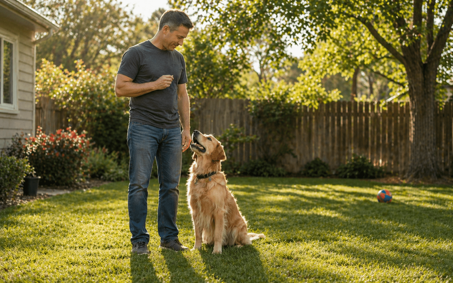 How to Get Your Dog's Attention When Distracted: Fixes That Actually Work 2 A man stands on a grassy lawn, holding a treat while a golden retriever sits and looks up at him attentively. Sunlight filters through trees and a ball lies on the grass in the background.