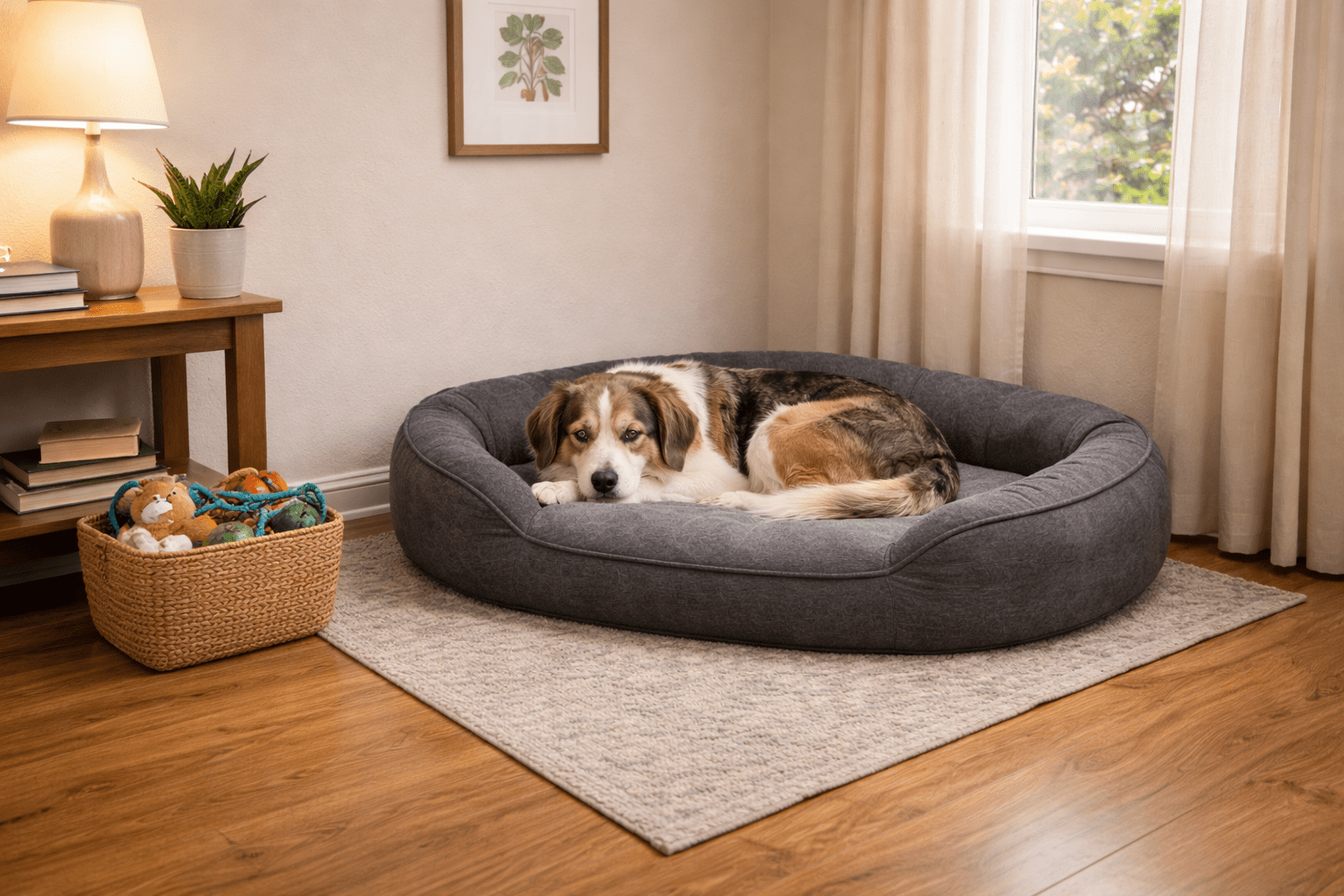 Why Do Dogs Circle Before Lying Down? 5 A large dog is lying on a gray dog bed in a cozy, sunlit room with wooden floors, a rug, a basket of toys, and a small table with a lamp and plant.