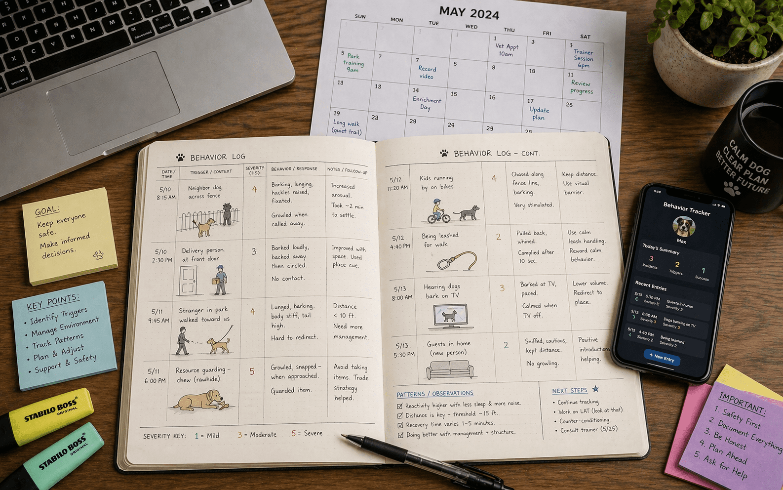Detailed behavior journal documenting aggressive dog triggers and patterns for rehoming records