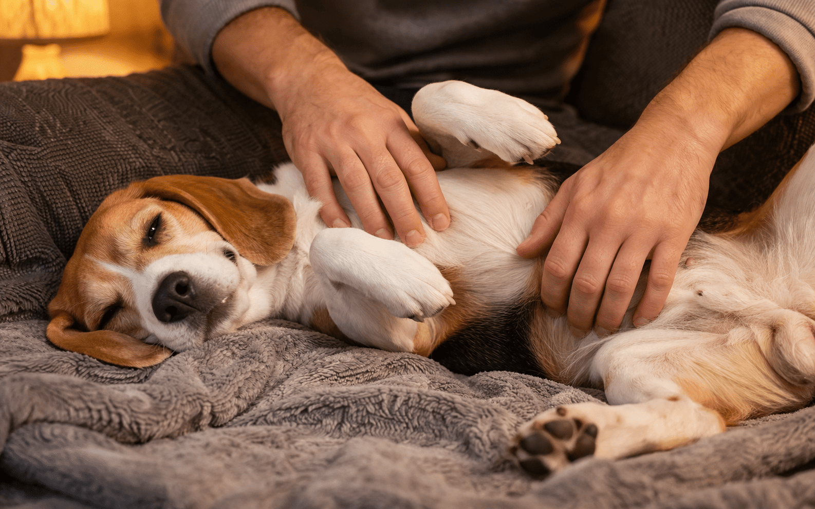 Why Do Dogs Like Belly Rubs? Understanding Your Dog's Favorite Gesture 2 A relaxed beagle lies on its back on a cozy blanket, enjoying gentle belly rubs from a person whose hands are visible. The dog looks content with its eyes half-closed.