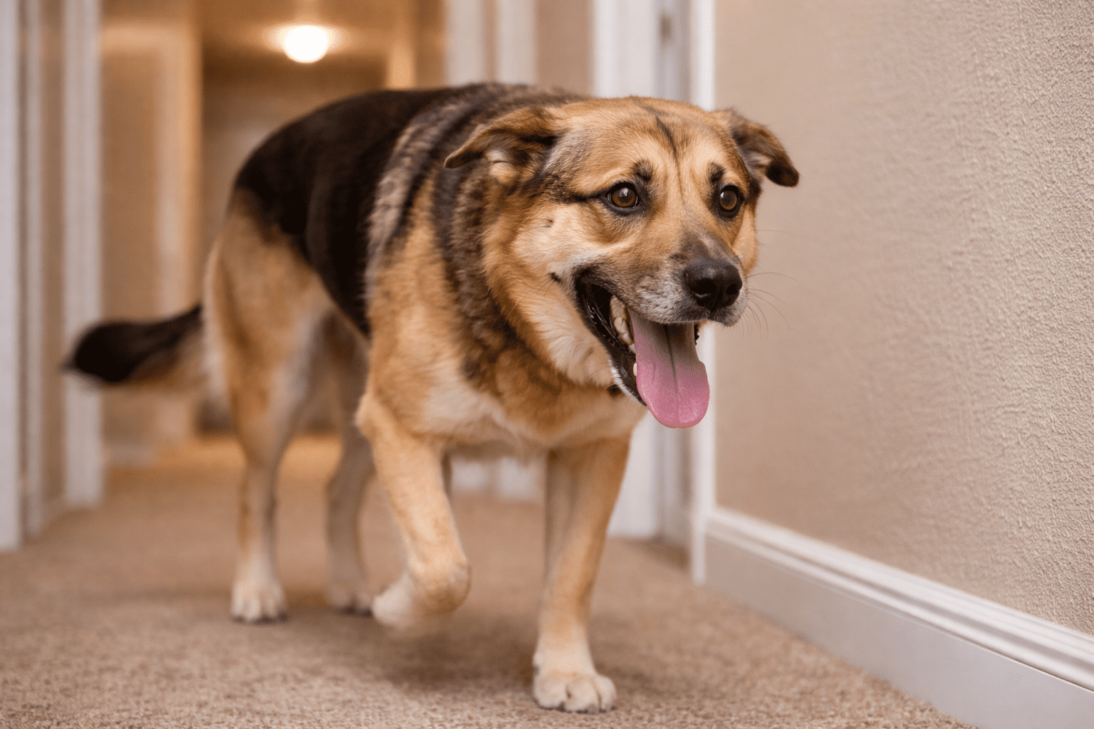 Why Is My Dog Pacing and How to Help Them Settle 4 Mixed breed dog displaying stress signals while pacing including panting tongue and tense body posture