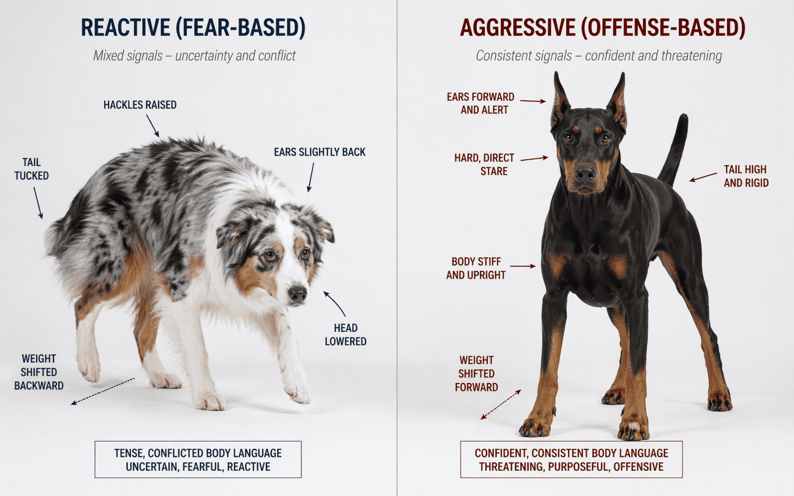 Reactive vs Aggressive Dog: How to Tell the Difference 3 Dog body language comparison chart showing reactive versus aggressive dog signals
