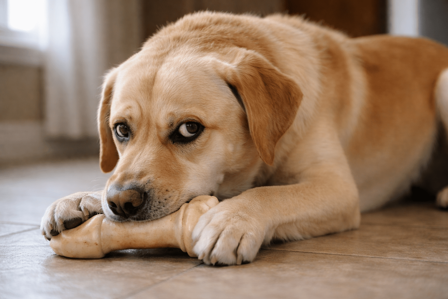 How to Stop Resource Guarding in Dogs 2 A light brown dog lies on a tiled floor, holding and chewing on a large rawhide bone, looking up with a slightly wary expression.