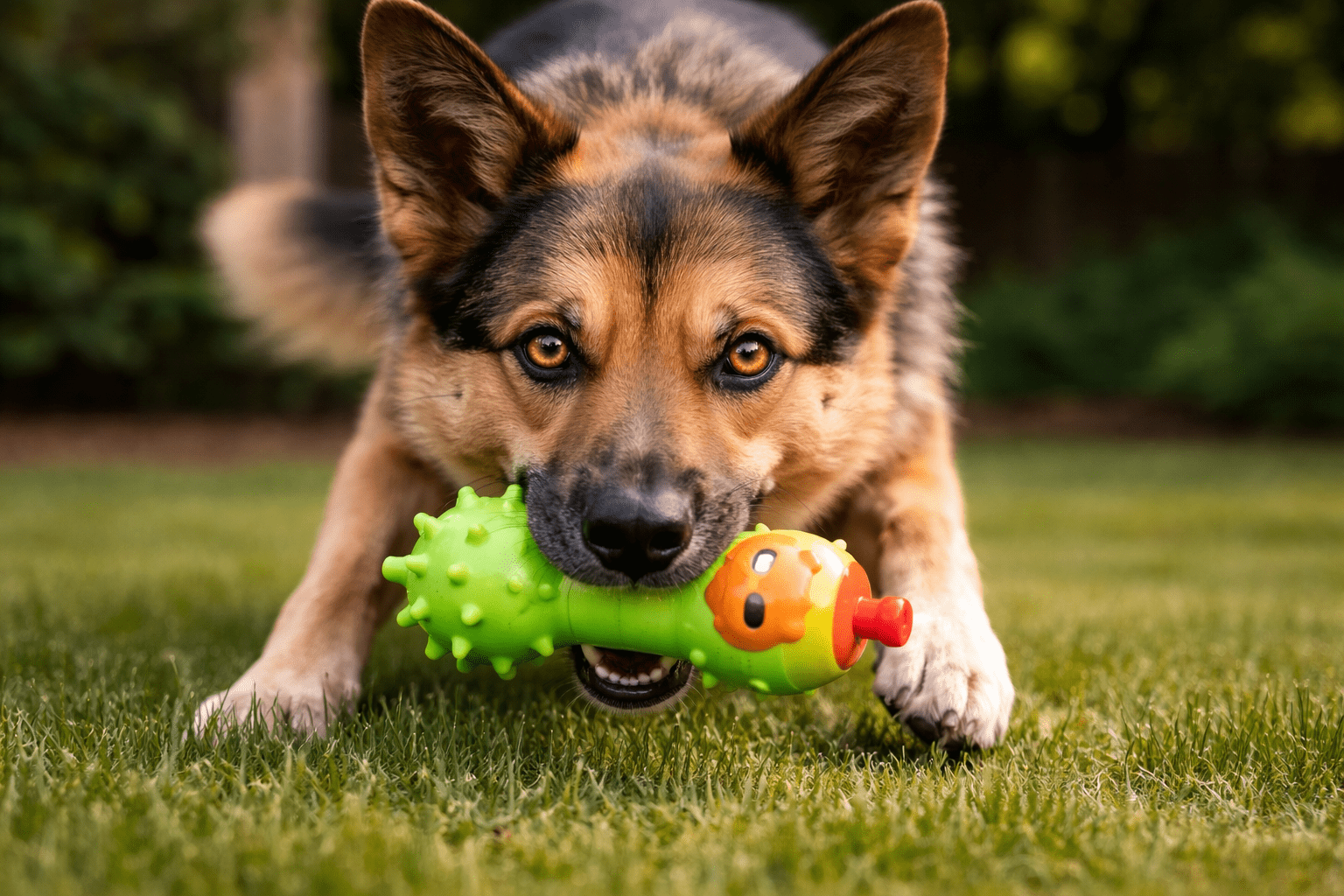 Why Do Dogs Like Squeaky Toys? (The Science Behind the Obsession) 1 A German Shepherd dog crouches on green grass, playfully biting a green spiky rubber toy shaped like a bone with an orange animal face, looking directly at the camera.