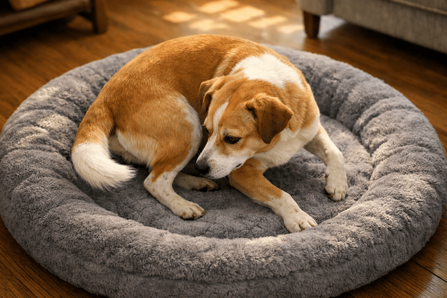 A brown and white dog is curled up on a round, fluffy gray pet bed, resting on a wooden floor in a cozy indoor setting.