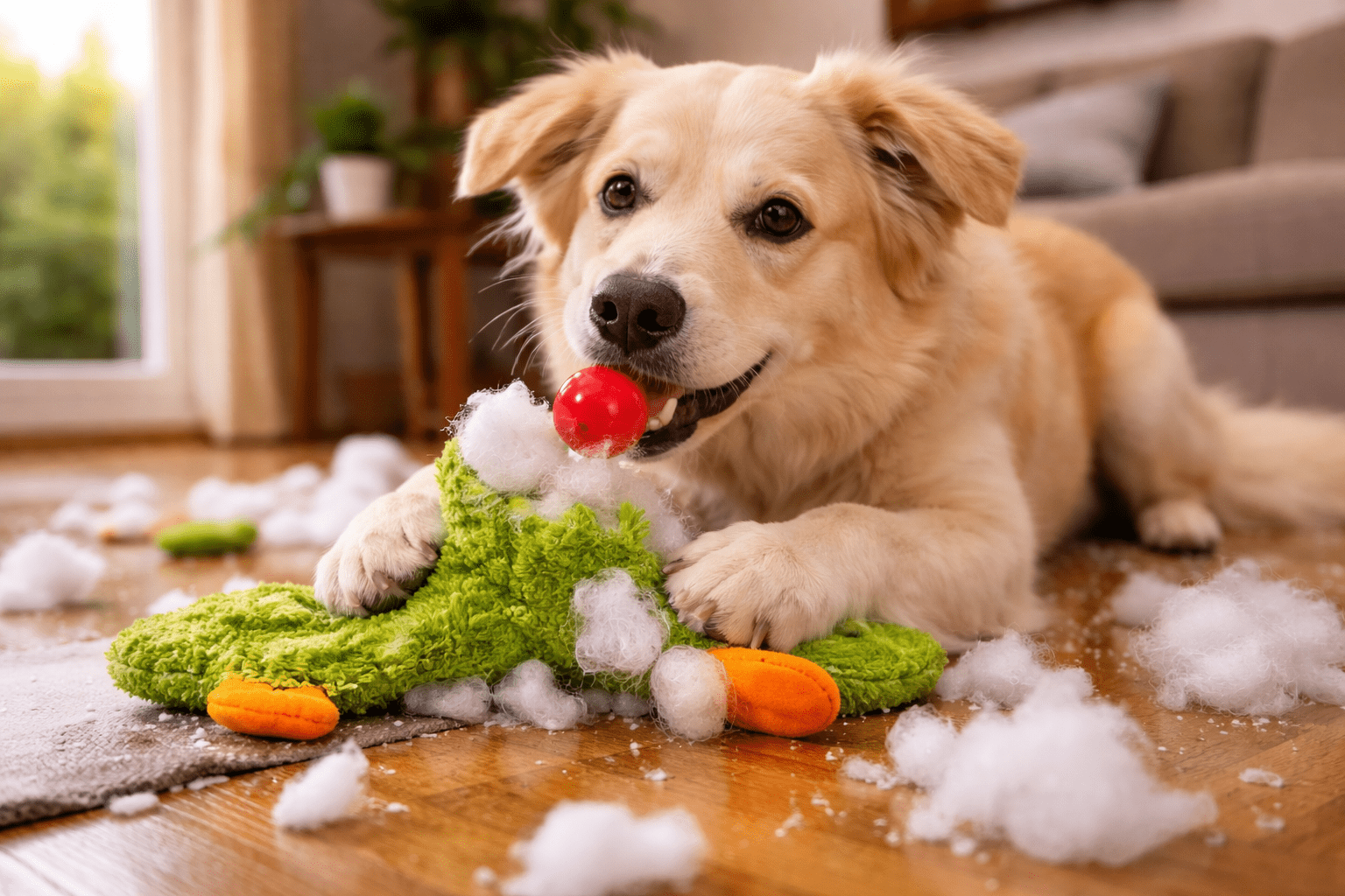 Why Do Dogs Like Squeaky Toys? (The Science Behind the Obsession) 3 A fluffy tan dog lies on a wooden floor, chewing a red ball and surrounded by stuffing from a torn green plush toy, with pieces of the toy scattered around.