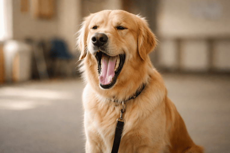 A golden retriever with a shiny coat sits indoors, facing the camera with its mouth open wide in a big yawn, wearing a black collar and leash. The background is softly blurred.