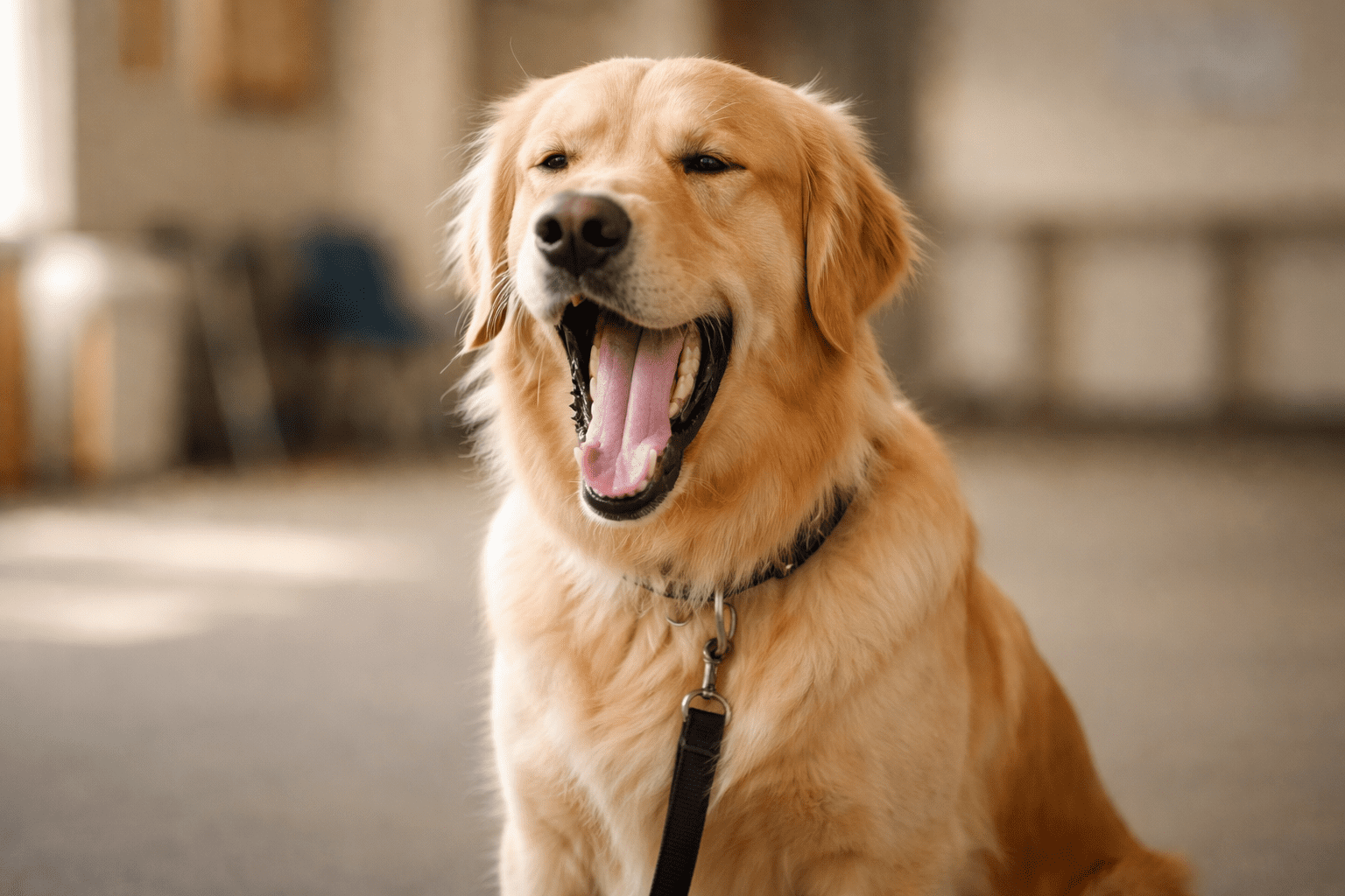 A golden retriever with a shiny coat sits indoors, facing the camera with its mouth open wide in a big yawn, wearing a black collar and leash. The background is softly blurred.