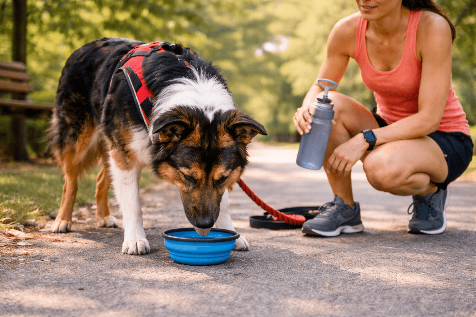 How to Train Your Dog to Run with You 5 A woman in athletic wear kneels on a paved path, holding a water bottle while her leashed dog drinks from a blue bowl. Trees and a bench are visible in the background.