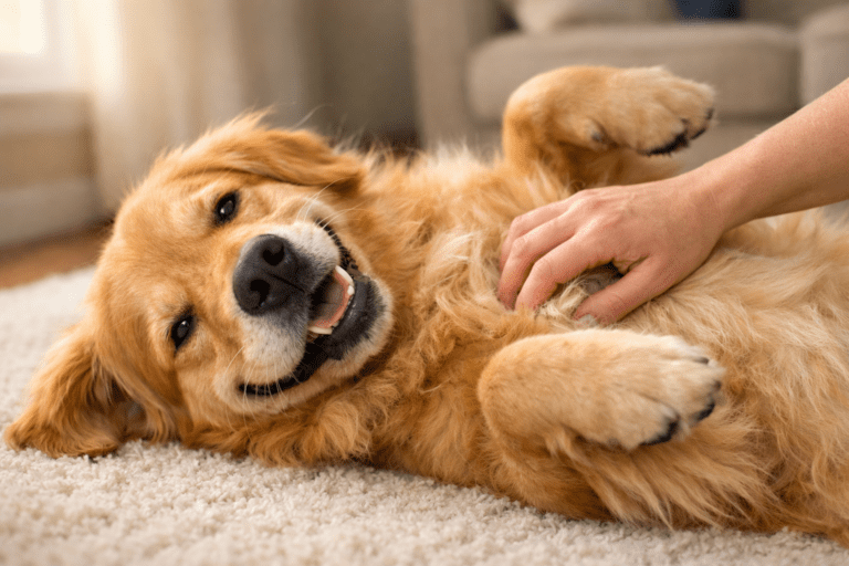 A happy golden retriever lies on its back on a carpet, smiling while a person pets its belly with one hand.