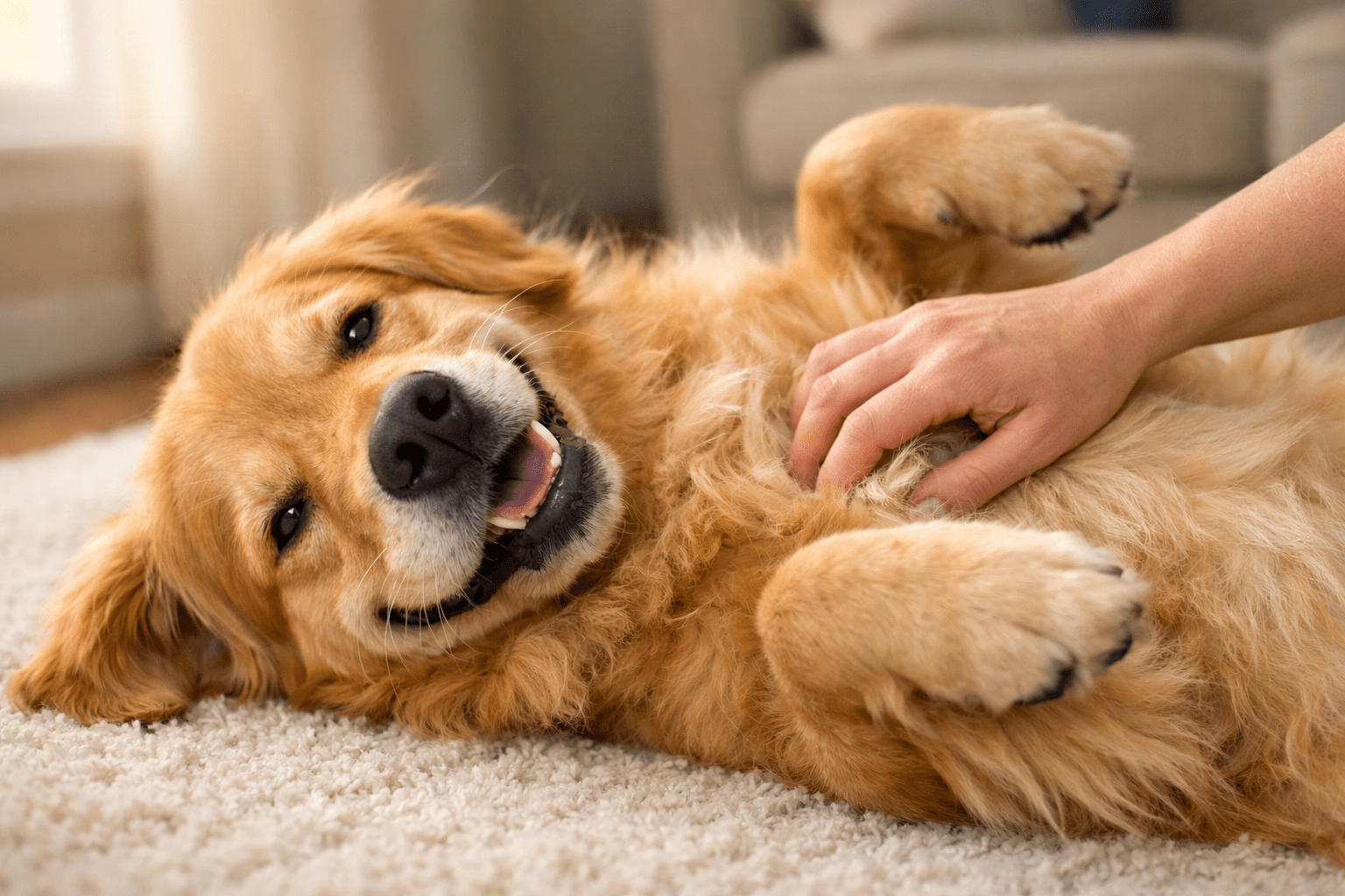 A happy golden retriever lies on its back on a carpet, smiling while a person pets its belly with one hand.