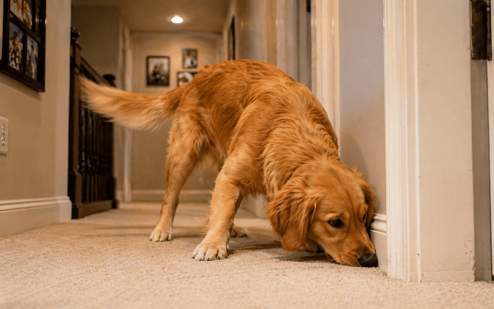 How to Entertain Your Dog Indoor: Games, Activities, and Mental Stimulation 1 Golden Retriever searching for hidden treats during indoor hide and seek game in hallway