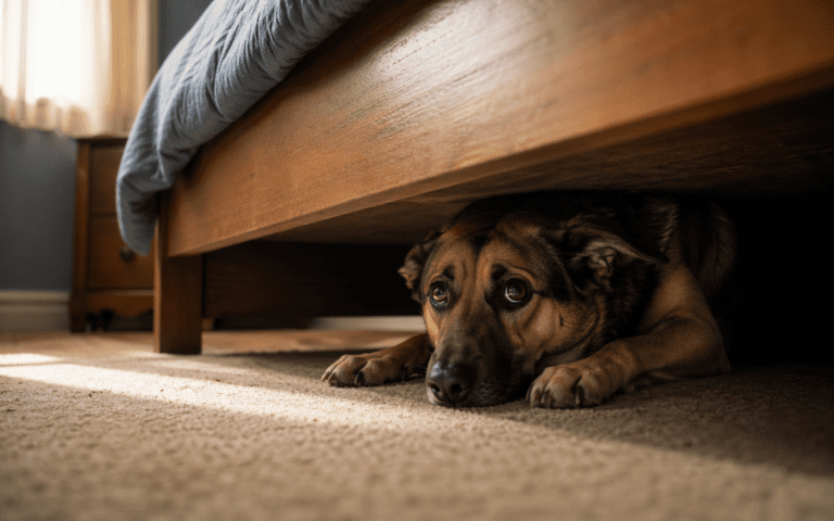 Dog hiding under bed showing fear and anxiety behavior